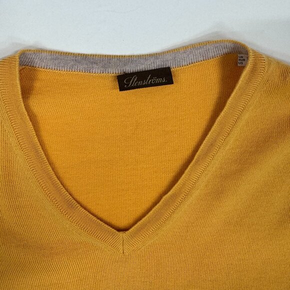 Men’s Mustard V-Neck Sweater with Suede Elbow Patches - Picture 11 of 11